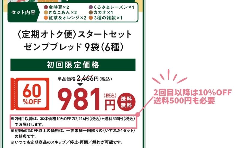 ゼンブブレッド「定期オトク便」:2回目以降の注文は10%オフ+送料がかかる