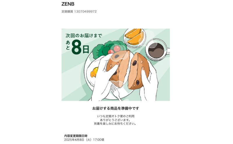 ゼンブから次回注文の8日前に確認メールが届く