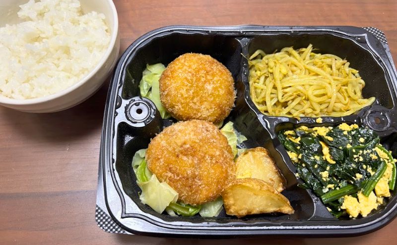 美食弁当4食目:石見ポークの手作りメンチカツ>全体