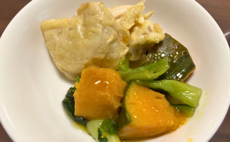 わんまいる健幸ディナー>2食目:あごだし入り 出雲おでん:かぼちゃ