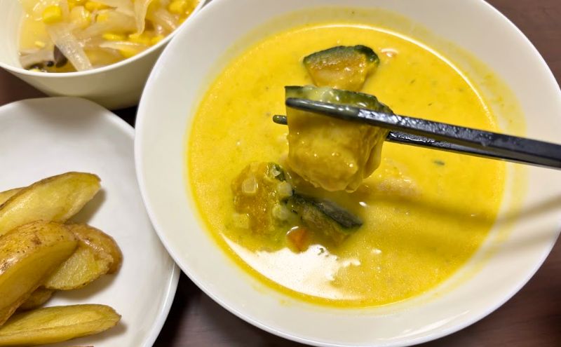 わんまいる健幸ディナー>4食目:桜島鶏のパンプキンチャウダー:かぼちゃアップ