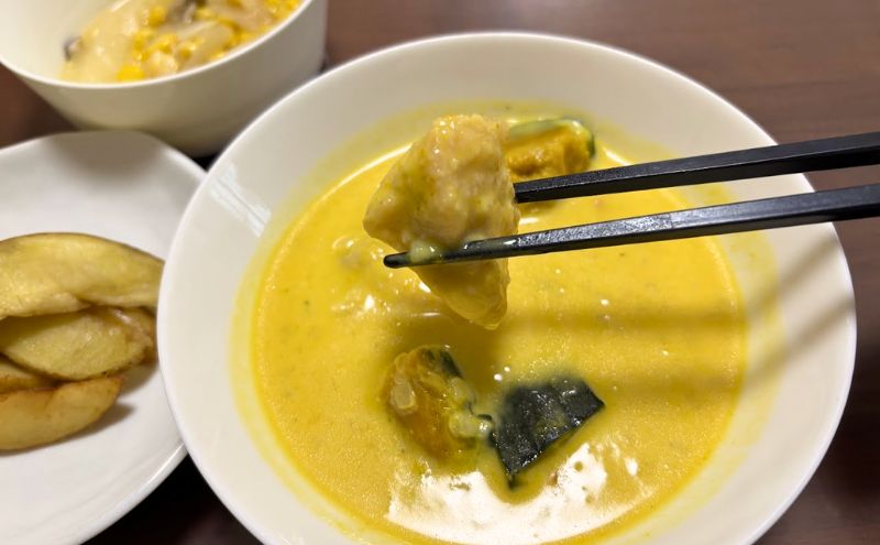 わんまいる健幸ディナー>4食目:桜島鶏のパンプキンチャウダー:チキンアップ