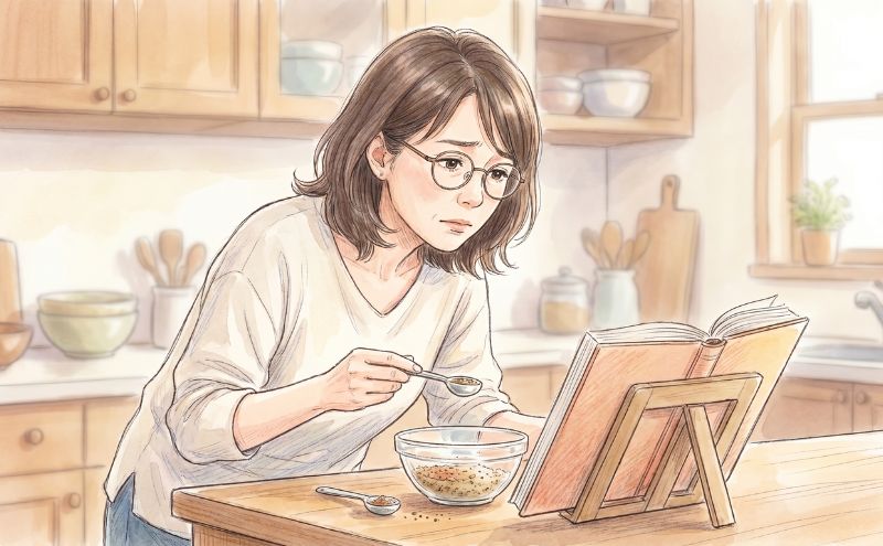 料理を作りたくないと感じながら調味料を計る専業主婦