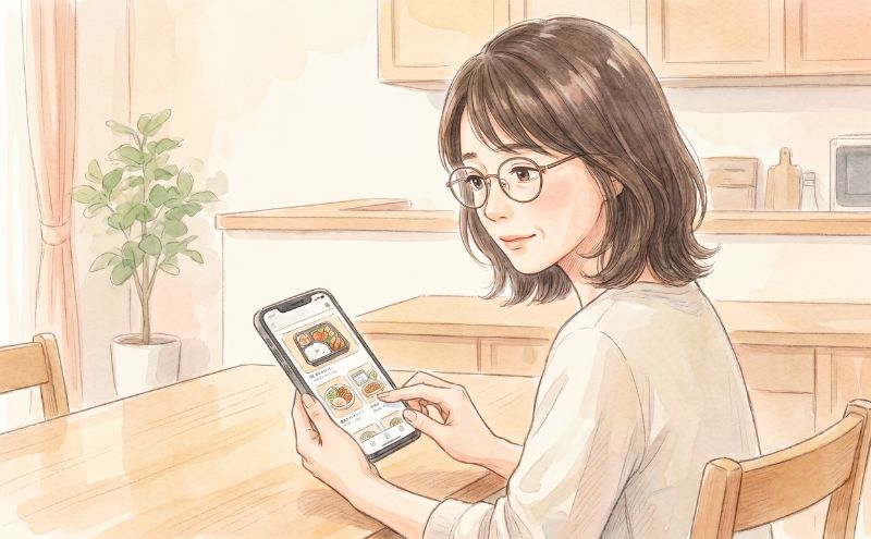 料理が嫌いな専業主婦が宅食サービスをスマホで調べる様子