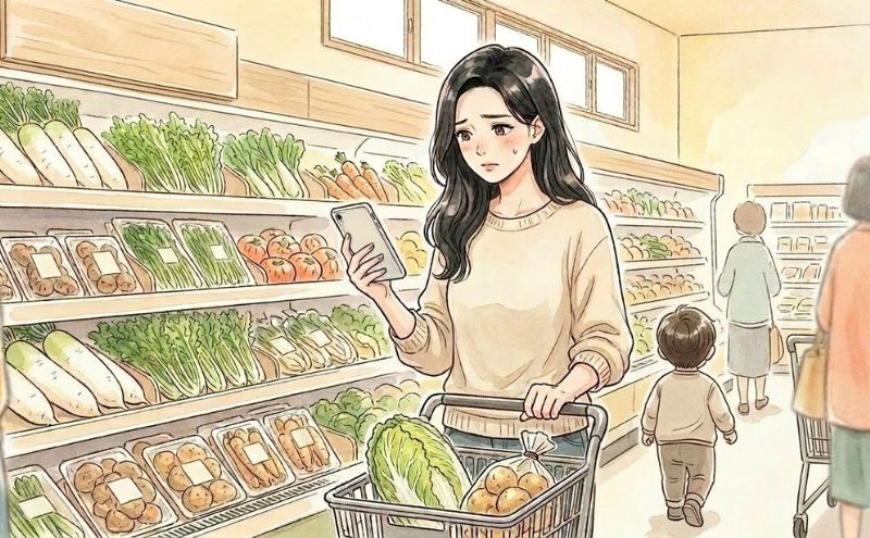子連れスーパーでレシピを調べ直し立ち往生する専業主婦