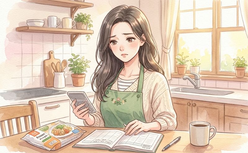 家計簿を見て宅食の割高さに悩む専業主婦
