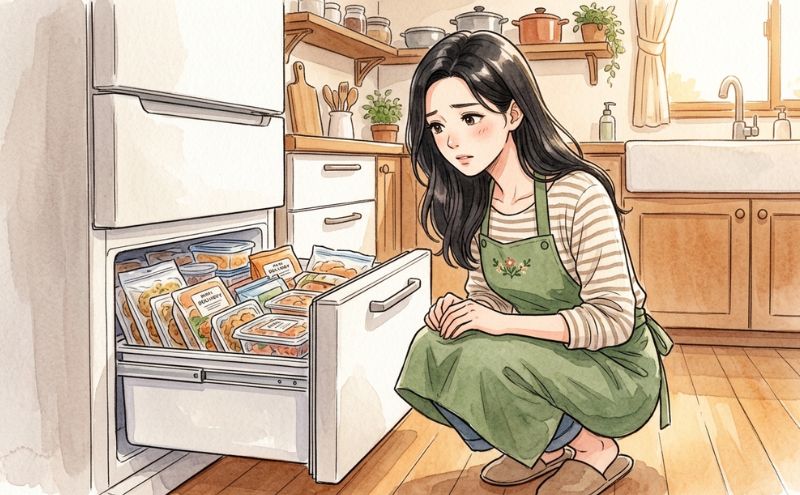 冷凍庫いっぱいの宅食パックを前に困る専業主婦