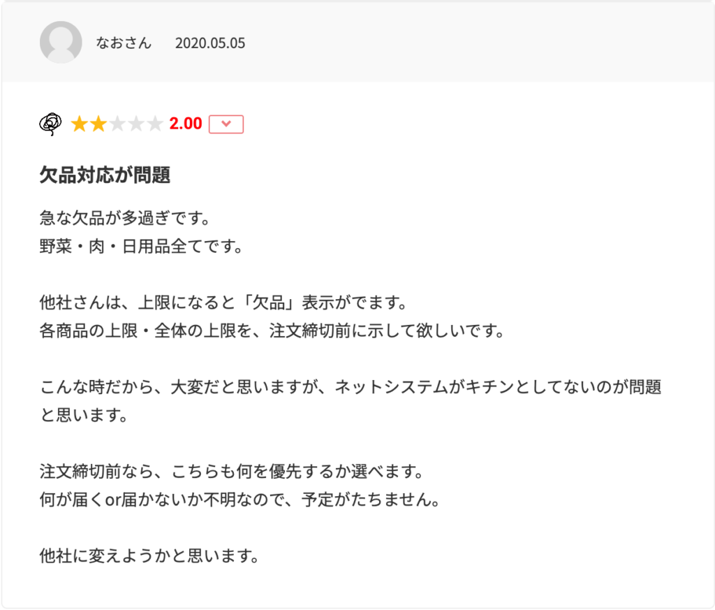 みん評に投稿されたコープデリの欠品に関する口コミ(2020年5月・星2)